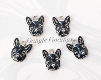 10 French Bull Dog Charms, Black, Enamel, Dog, Frenchie, Cute, DIY, Jewelry, 15mm, SP008