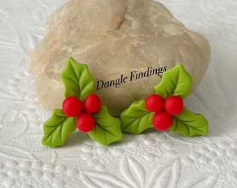10 Holly Cabochons, Christmas, Winter, Holiday, Crafts, DIY, Resin, Berry, Green and Red, Leaf, Berry, 26mm, HOL129