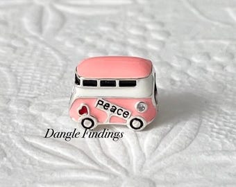 Sterling Silver and Pink Enamel Van or Bus Bracelet Charm, DIY Jewelry, 12.5mm