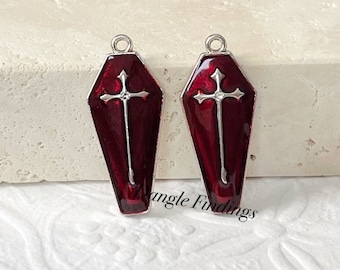 10 Coffin Charms, Halloween, Red, Casket, Enamel, Dark, Vampire, Scary, Spooky, DIY, Jewelry, RIP, 25.5mm, HOL045