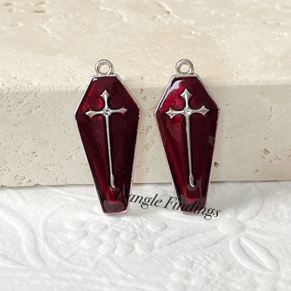 5 Coffin Charms, Halloween, Red, Casket, Enamel, Dark, Vampire, Scary, Spooky, DIY, Jewelry, RIP, 25.5mm, HOL045