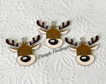 5 Large Winter Reindeer Charms, Enamel Jewelry, DIY Christmas Holiday Crafts, 29mm, HOL127