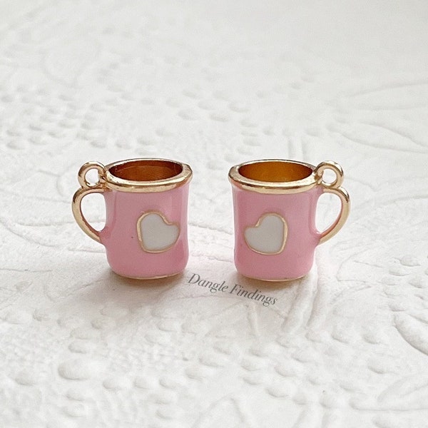 2 Cup Charms, Mug, Coffee, Tea, Lover, Pink, Heart, Enamel, Gift, Bracelet, Necklace, 14mm, GTP080