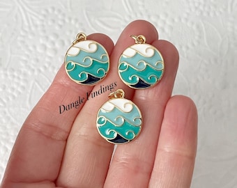 3 Ocean Wave Charms, Blue Sea, Enamel, Beach Themed, Gold Plated, DIY, 22mm, GTP058