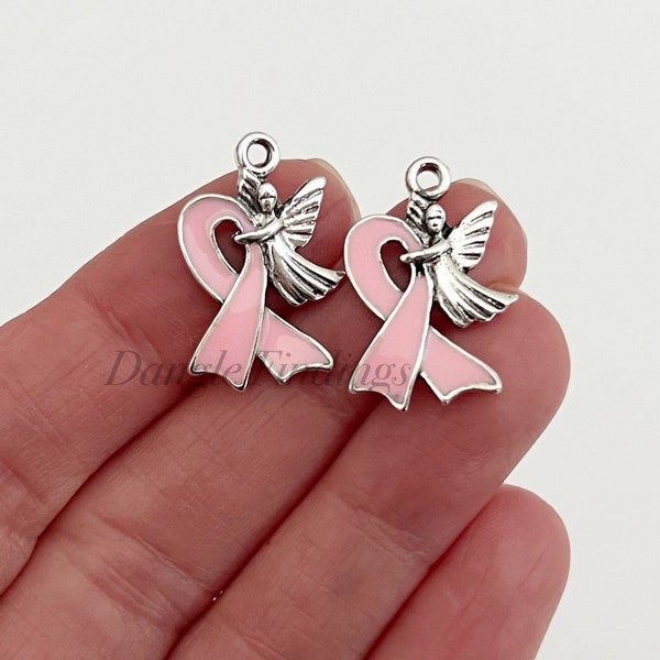 5 Pink Ribbon Charms, Breast Cancer Awareness, Survivor, DIY Jewelry Making, Enamel, Guardian Angel, 22mm, SP038