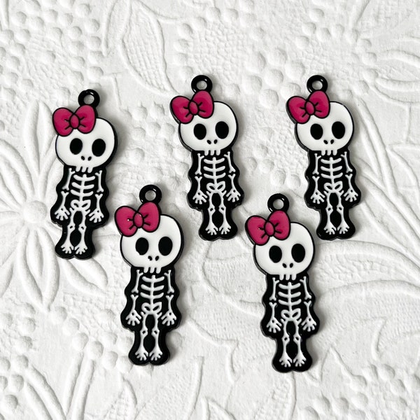 5 Skeleton Charms, Halloween, Jewelry, Girl, With Bow, Spooky, Scary, Enamel, Haunted, Necklace, Earrings, Full Body, Cute, Kid, HOL101