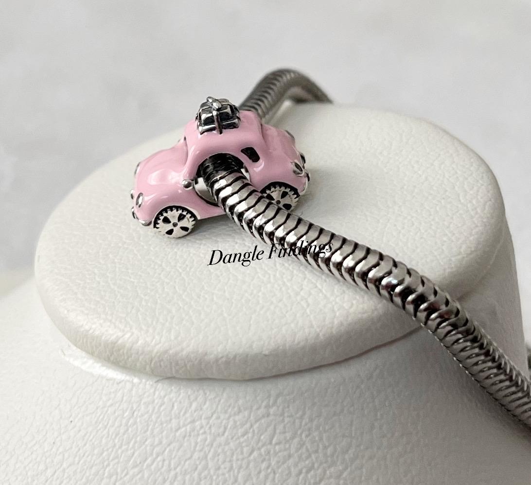 3D Car Charm, Pink, .925 Sterling Silver, Small, Bracelet, Jewelry, Gift, Bug, VW, Retro, Gift, 11.5mm, SS018