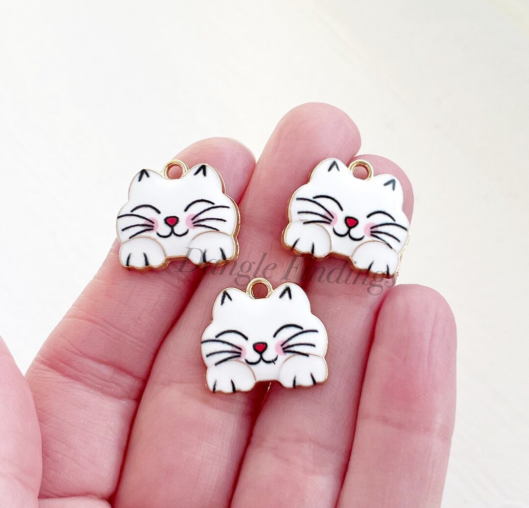 5 Cat Charms, White, Cute, Smiling, Kitty, Kitten, Jewelry Making, DIY
