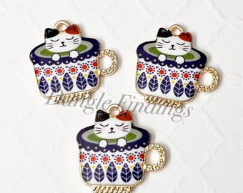 10 Enamel Cat in Teacup Charms, DIY Jewelry Making, 23mm
