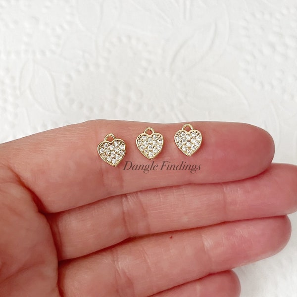 3 Tiny 18k Gold Plated Pave Heart Charms, Cubic Zirconia Sweetheart Jewelry, 6.5mm, GTP085