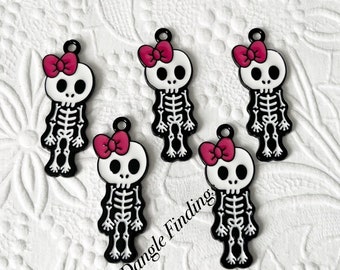 5 Skeleton Charms, Halloween, Jewelry, Girl, With Bow, Spooky, Scary, Enamel, Haunted, Necklace, Earrings, Full Body, Cute, Kid