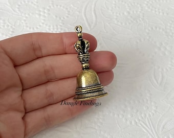 Bell Pendant, Brass, Large, Ringing, Christmas, Wedding, Church, Necklace, Jewelry, With Crown, Bronze Color, 46mm