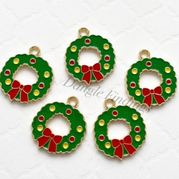 10 Wreath Charms, Christmas, Necklace, Enamel, Red and Green, Xmas, Holiday, With Bow, Jewelry Making, 20mm, HOL093