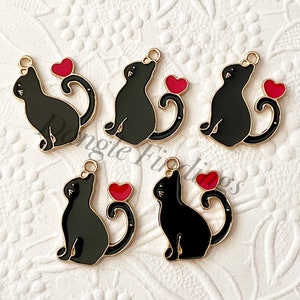 10 Cat Charms, Black, Necklace, Enamel, Kitten, Loss, Jewelry, DIY, Kitty, Pretty, Gift, 25mm, GTP021