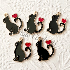 5 Cat Charms, Black, Necklace, Enamel, Kitten, Loss, Jewelry, DIY, Kitty, Pretty, Gift, 25mm, GTP021