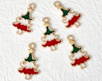 10 Christmas Tree Charms, Holiday, Enamel, Red and Green, DIY Jewelry, Whimsical, 20mm