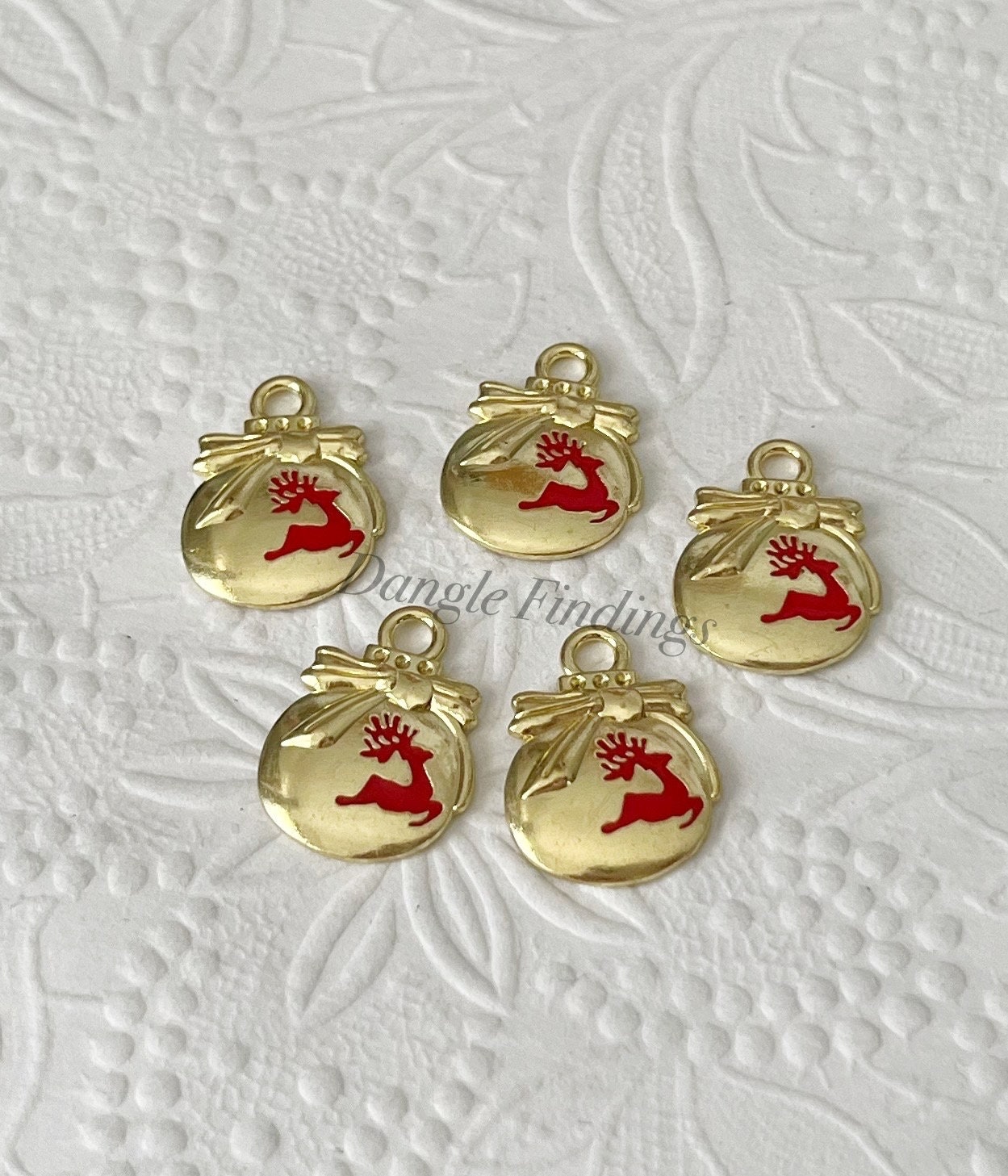 5 Ornament Charms, Christmas, Reindeer, Red and Gold, Small, Jewelry, Earring, Necklace, 21mm, HOL138