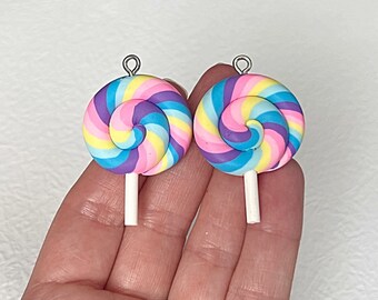 5 Lollipop Charms, Large, Necklace, Jewelry, Fake, Candy, Rainbow, Swirl, Resin, DIY, Keychain, Party Favor, Crafts, 55mm, RSN005