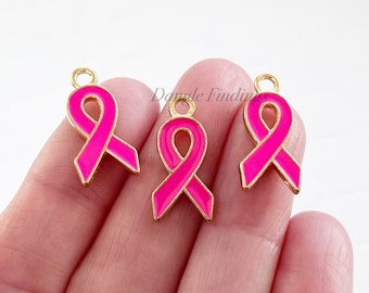 10 Pink Ribbon Charms, Enamel, Breast Cancer Awareness, DIY Jewelry Making, 20mm