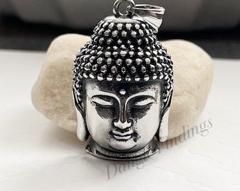 Buddha Head Pendant, Large, Buddhism Jewelry for Men or Women, Buddhist Necklace Gift, Tibetan, Excellent Quality, 49mm, STA059