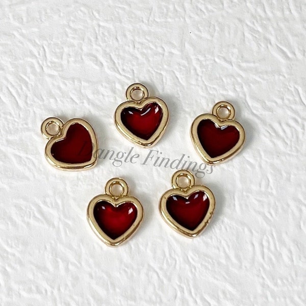 10 Heart Charms, Red, Enamel, Small, Gold Plated, Love, Valentine, Tiny, Earring, Jewelry Making, 12.5mm, GTP008