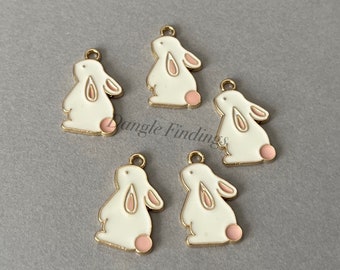 10 Pink and White Bunny Charms for Easter Jewelry and DIY Crafts, 22mm, HOL070