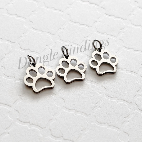 10 Paw Print Charms, Stainless Steel, Dog, Cat, Pet Loss, DIY, Jewelry Making, Small, Memorial, Remembrance, 13mm, STA006