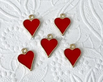 10 Heart Charms, Red Enamel, Love, Bracelet, Poker Player, Card Game, DIY Jewelry, GTP032