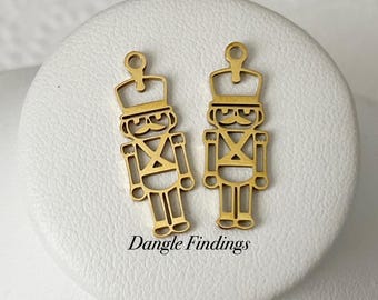 2 Small Gold Stainless Steel Christmas Holiday Nutcracker Charms for DIY Jewelry and Crafts, 22.5mm, HOL058