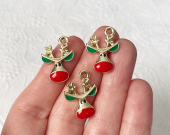 10 Enamel Christmas Holiday Reindeer Charms, DIY Jewelry Making, 21mm