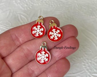 10 Christmas Charms, Ornament, Enamel, Red and White, Holiday, Snowflake, DIY Jewelry, 19mm