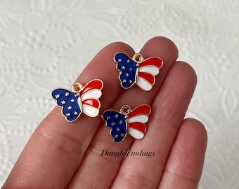 10 Enamel American Flag Charms, Butterfly Shaped, Patriotic Jewelry, 18mm