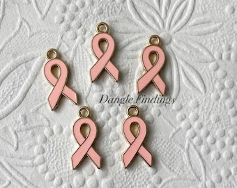 10 Ribbon Charms, Pink Enamel, Breast Cancer Awareness, DIY Jewelry Making, 20mm, GTP026