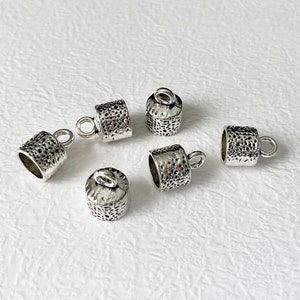 6 End Caps, Large Hole, Silver, Leather Cord, Rope, Silver Tone, Jewelry, Necklace, Bracelet, Textured, Findings, With Loop, 10mm, BCS007