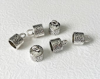 6 End Caps, Large Hole, Silver, Leather Cord, Rope, Silver Tone, Jewelry, Necklace, Bracelet, Textured, Findings, With Loop, 10mm, BCS007.