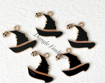 10 Witch Hat Charms, Necklace, Black, Enamel, Halloween, Crafts, DIY, Jewelry, 22mm, HOL099