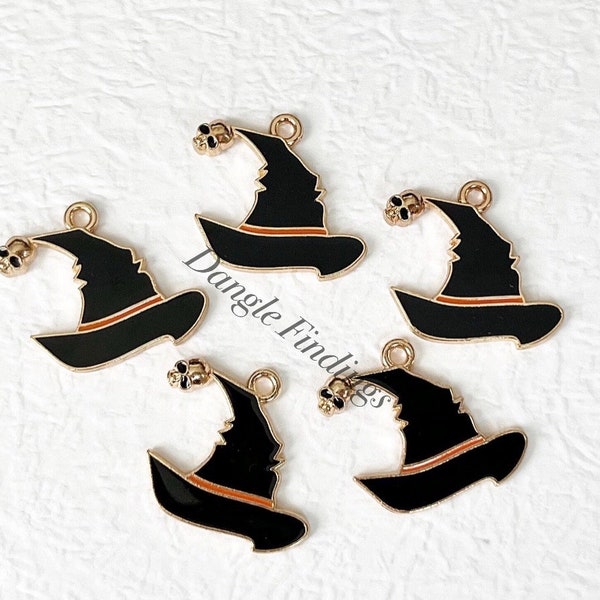 5 Witch Hat Charms, Necklace, Black, Enamel, Halloween, Crafts, DIY, Jewelry, 22mm, HOL099