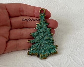Large Christmas Tree Pendant, Patina Bronze, DIY Jewelry Making, Christmas Ornament Crafts, 68mm, HOL053