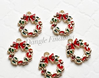 10 Wreath Charms, Gold Plated, Christmas, Enamel, Red and Green, Xmas Holiday, Small, Bracelet, 17mm, HOL092