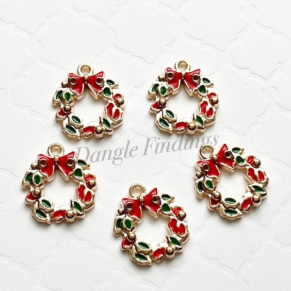 10 Wreath Charms, Gold Plated, Christmas, Enamel, Red and Green, Xmas Holiday, Small, Bracelet, 17mm, HOL092