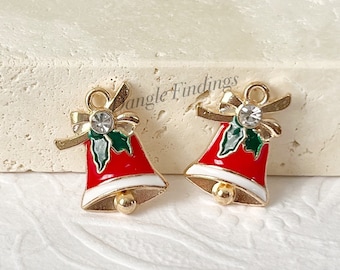 10 Christmas Bell Charms, Enamel, Red, Holiday, Jewelry Supplies, Church, DIY, Xmas, Gold Plated, With Bow, 19mm, HOL015