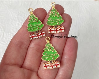 5 Christmas Tree Charms, Green Enamel, Holiday, DIY Jewelry, Crafts, 28.5mm, HOL122