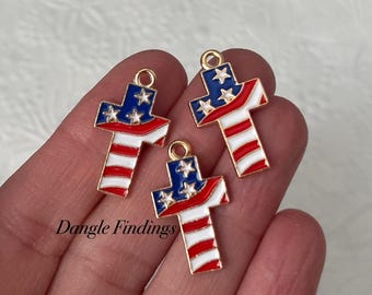 10 Enamel Cross Charms, American Flag, USA Necklace and Bracelet Jewelry