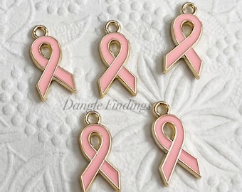 10 Ribbon Charms, Plastic and Pink Enamel, Hypoallergenic, Breast Cancer Awareness, DIY Jewelry Making, Earring, Bracelet, 20mm