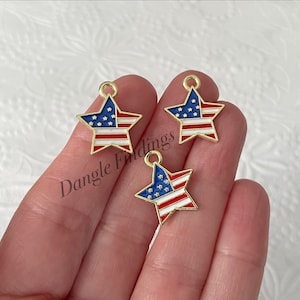 10 American Flag Charms, Memorial Day, Fourth of July Charm, USA, Star, 18.5mm, Hol067