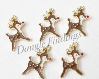 10 Reindeer Charms, Christmas, Red Nose, Holiday, Brown Enamel, Holiday, HOL046