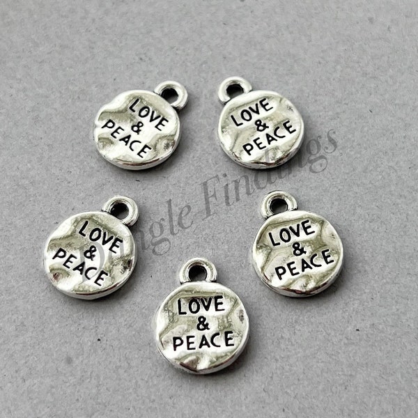 10 Love and Peace Charms, Silver, Word, Round, DIY Jewelry, No War, Bracelet, Small, 13.5mm, Sp082