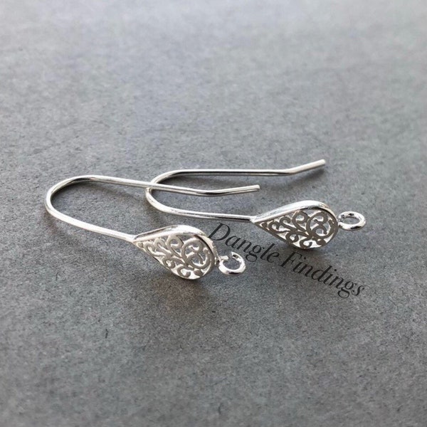 Filigree Earrings, Silver, Ear wire, Hooks, Teardrop, Jewelry Making, Long, Dangle, Women's, 24mm, EWRS005