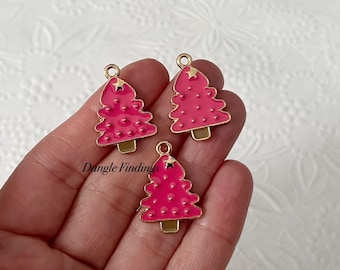 10 Pink Christmas Tree Charms, DIY Holiday Jewelry Making, 24.5mm, HOL145