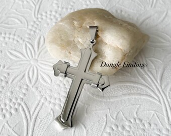 Religious Cross Pendant, Stainless Steel, Double Layer, Polished, DIY Necklace Jewelry, Men or Women, Unisex, 51mm